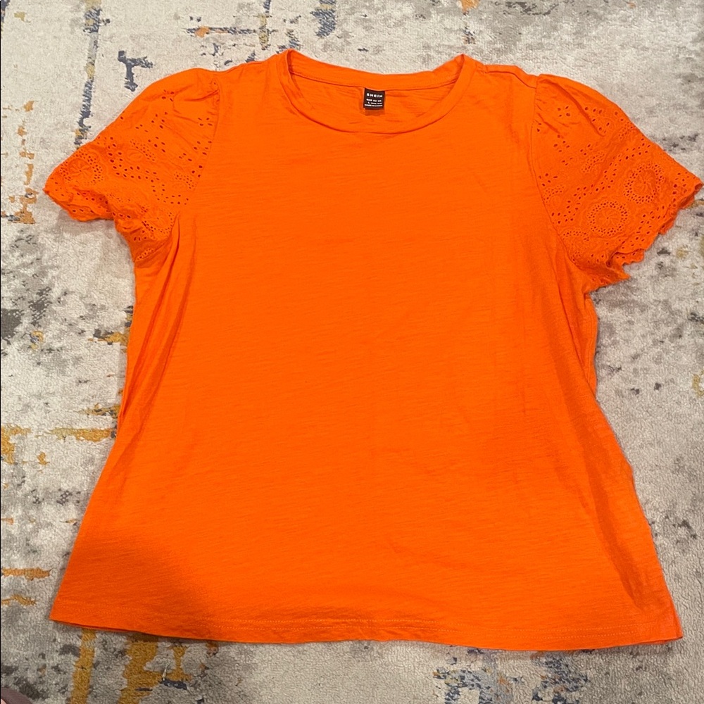 SHEIN Bright Orange Eyelet Short Sleeve Tee